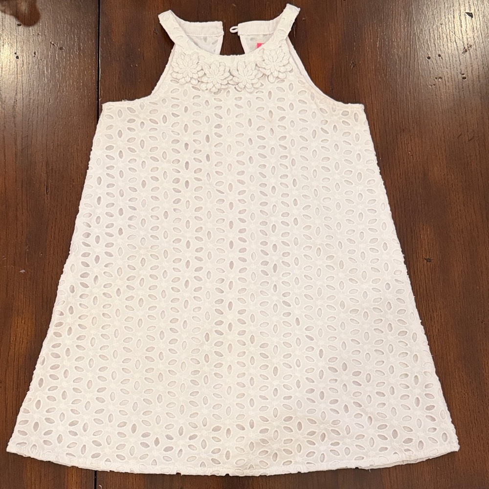 Lilly Pulitzer Girls' White Eyelet Halter Dress with Floral Neckline